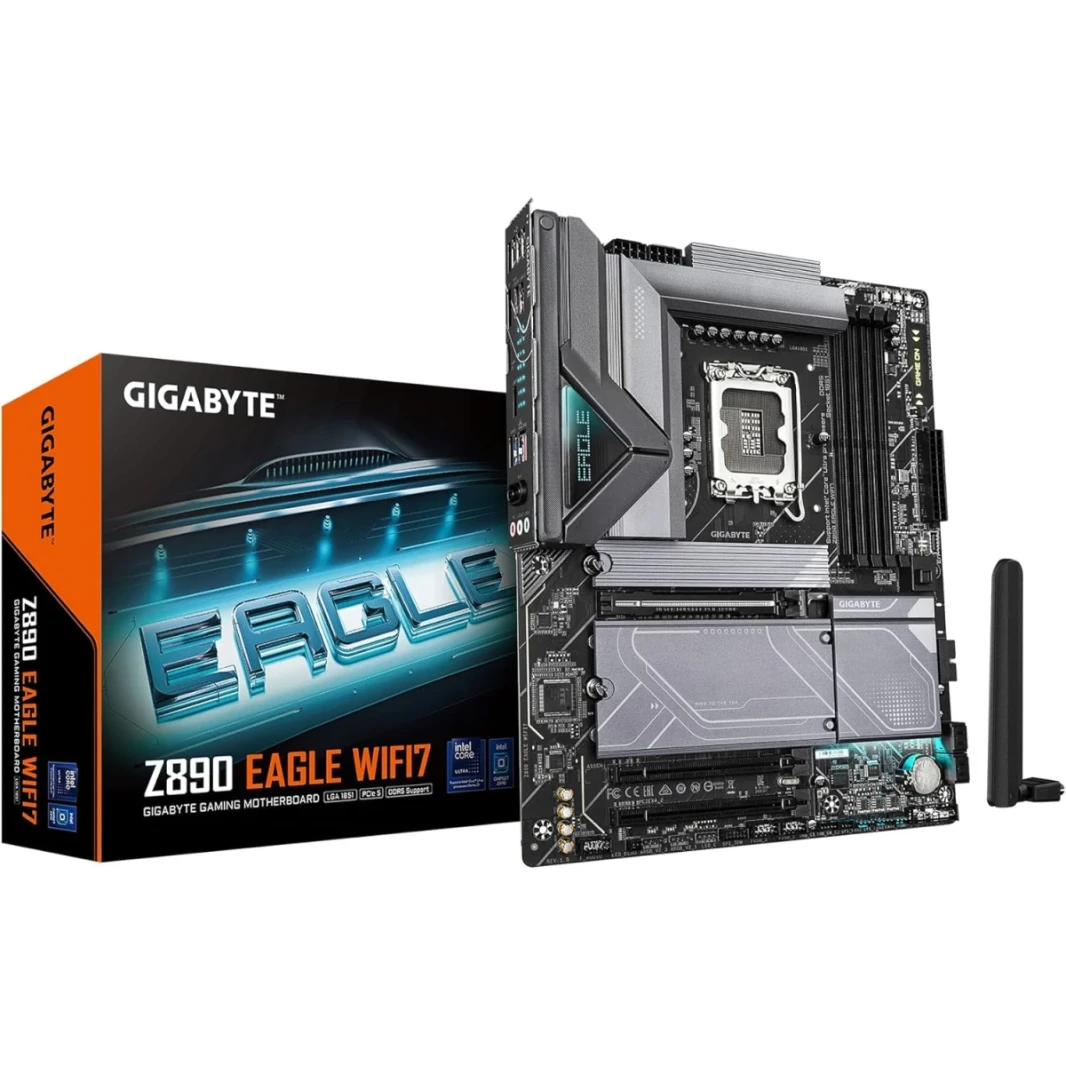 Gigabyte Z890 Eagle Wi-Fi 7 ATX Intel Z890 ، 4x DDR5 Dimm Slots ، تصل إلى 256 جيجا بايت كحد أقصى ، Wi-Fi 7 & Bt 5.4 ، 1x PCIe 5.0 x16 ، 4x M.2 فتحات ، أسود