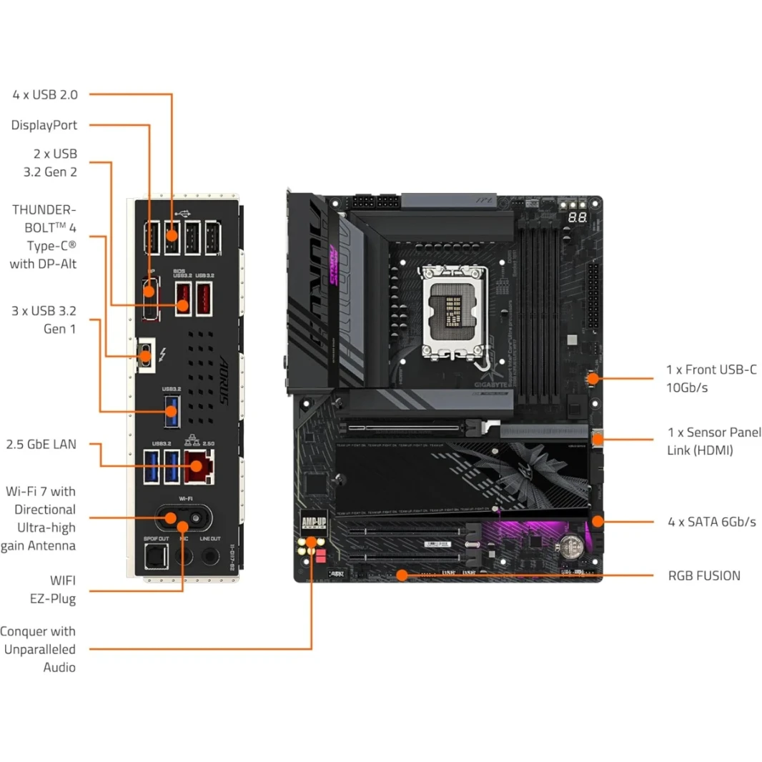 Gigabyte Z890 Aorus Elite Wi-Fi 7 ATX Intel Z890 4X DDR5 DIMM SLOT ، تصل إلى 256 جيجابايت من الذاكرة ، Wi-Fi 7 & BT 2.4 ، 1x PCIe 5.0 x16 ، 4x M.2 فتحات ، أسود ، أسود