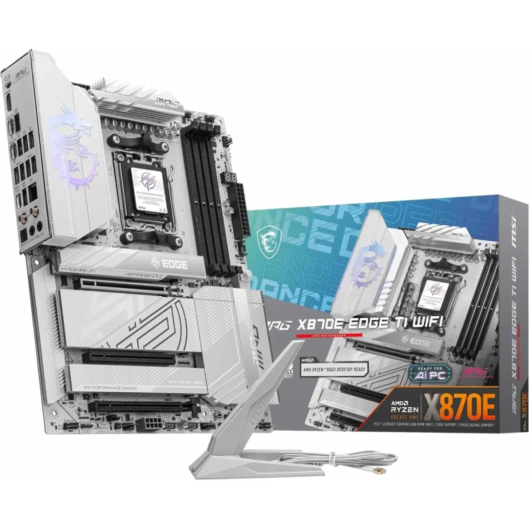 MSI MPG X870E EDGE TI WIFI AM5 ATX AMD X870E شرائح DDR5 3X PCI-E X16 ، فتحات 4x M.2 ، Wi-Fi & BT Connectivty ، أبيض
