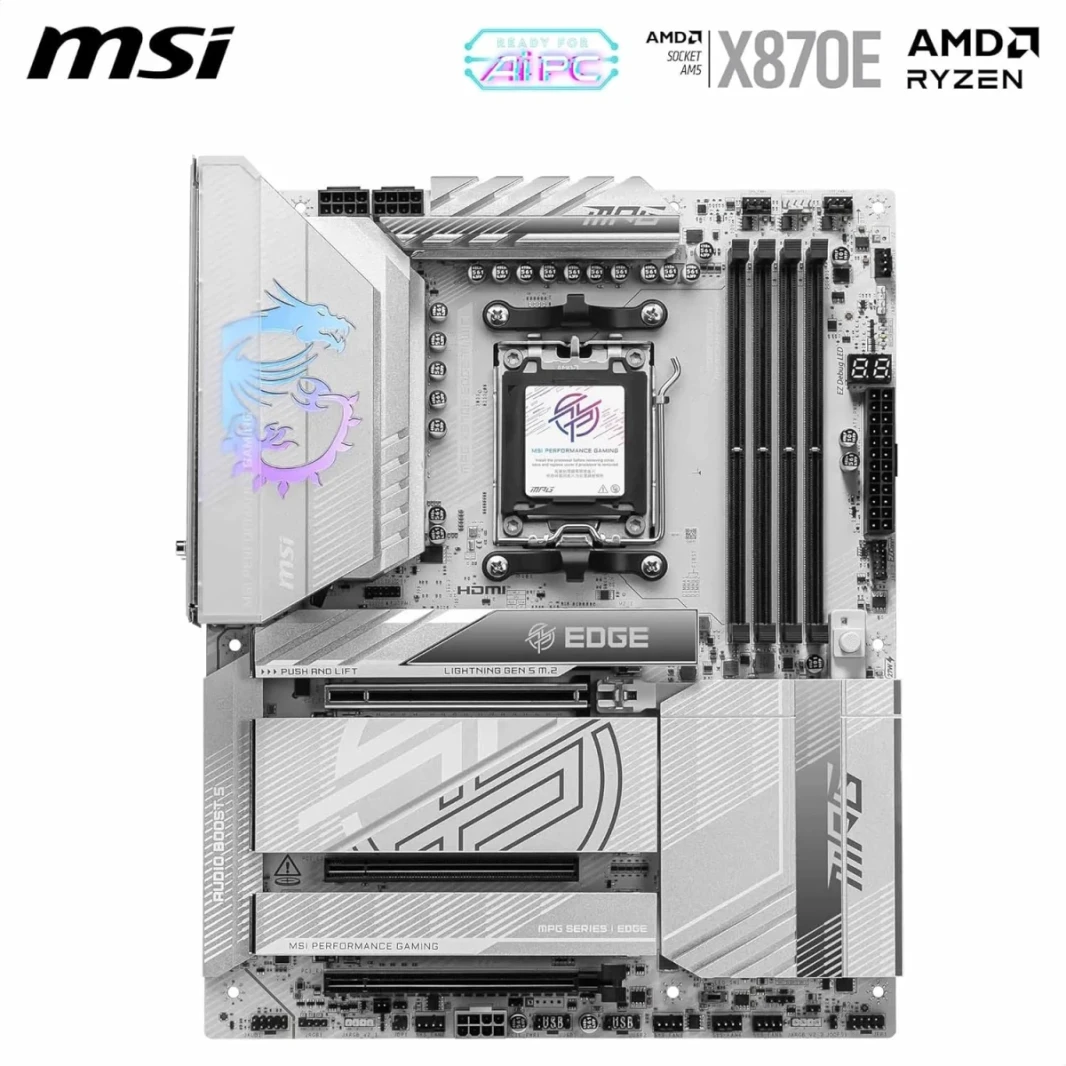 MSI MPG X870E EDGE TI WIFI AM5 ATX AMD X870E شرائح DDR5 3X PCI-E X16 ، فتحات 4x M.2 ، Wi-Fi & BT Connectivty ، أبيض