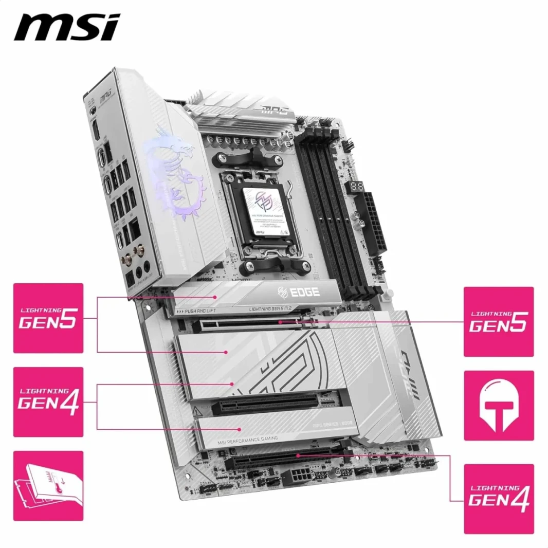 MSI MPG X870E EDGE TI WIFI AM5 ATX AMD X870E شرائح DDR5 3X PCI-E X16 ، فتحات 4x M.2 ، Wi-Fi & BT Connectivty ، أبيض