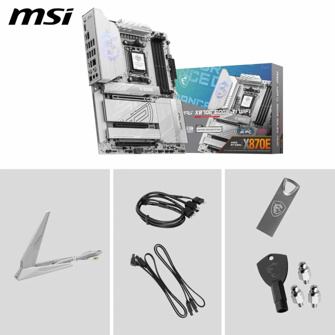 MSI MPG X870E EDGE TI WIFI AM5 ATX AMD X870E شرائح DDR5 3X PCI-E X16 ، فتحات 4x M.2 ، Wi-Fi & BT Connectivty ، أبيض