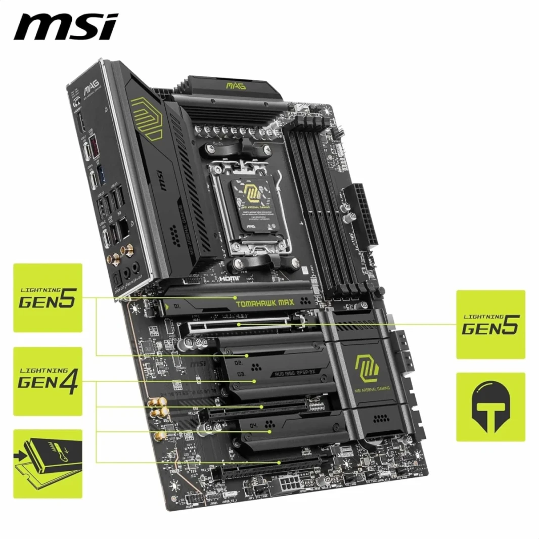MSI MAG X870E TOMAHAWK WIFI AM5 ATX AMD X870E DDR5 3X PCI-E X16 SLOTS ، 4X M.2 Storage ، WiFi & BT Connectivity