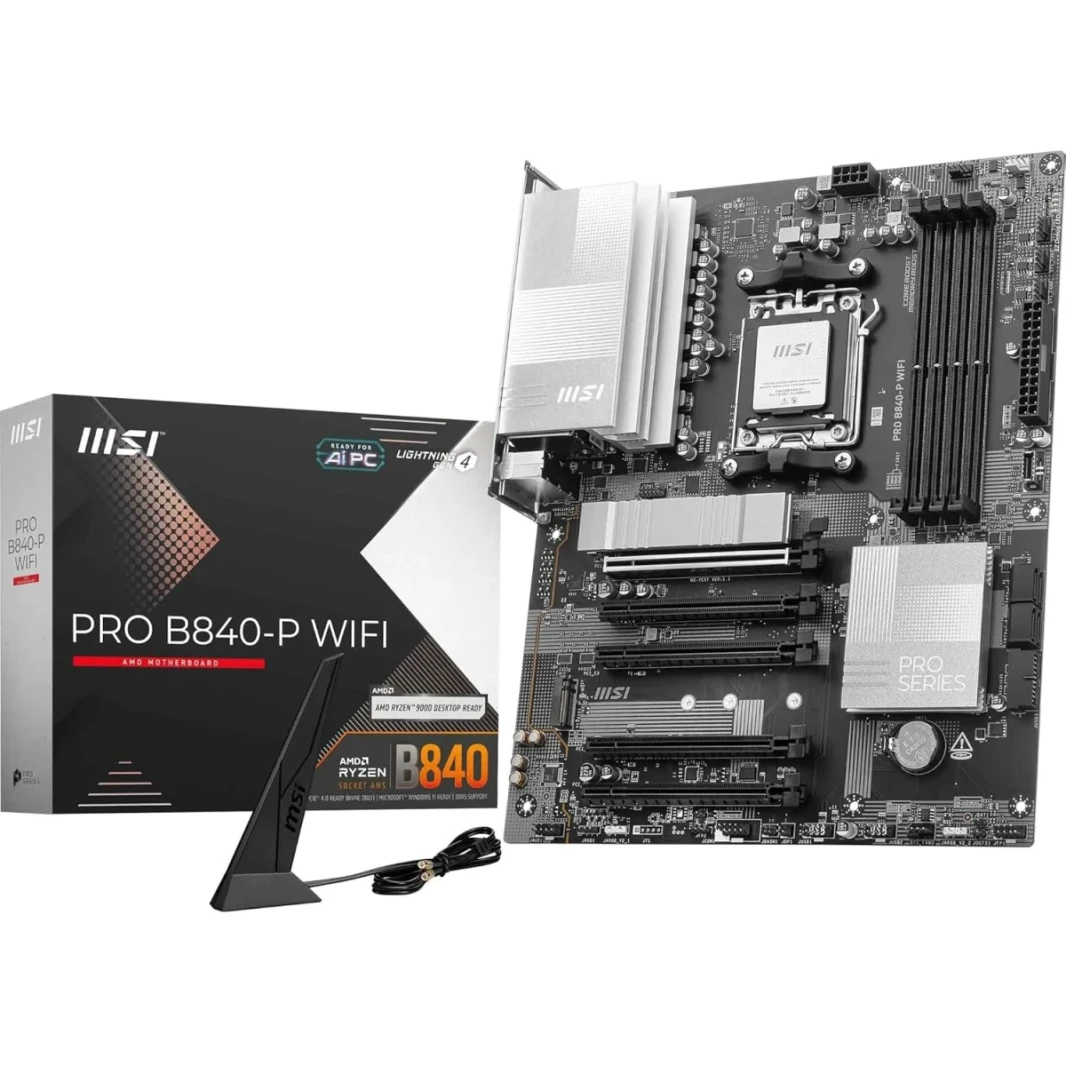 MSI Pro B840 -P WIFI Motherboard ، ATX - يدعم AMD Ryzen 9000/8000/7000 معالجات ، AM5 - DDR5 Boost (8000+ MT/S OC) ، PCIE 4.0 X16 ، M.2 Gen4 ، Wi -Fi 7 ، 2.5G LAN