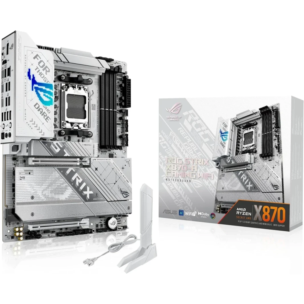 Asus Rog Strix X870-A Gaming WiFi 7 ATX AMD X870 4X DIMM DDR5 فتحات ، ذاكرة أقصى 256 جيجابايت ، فتحات 4x M.2 ، 1x PCIe 5.0 ، 1x PCIe 4.0 ، منفذ HDMI ، DisplayPort