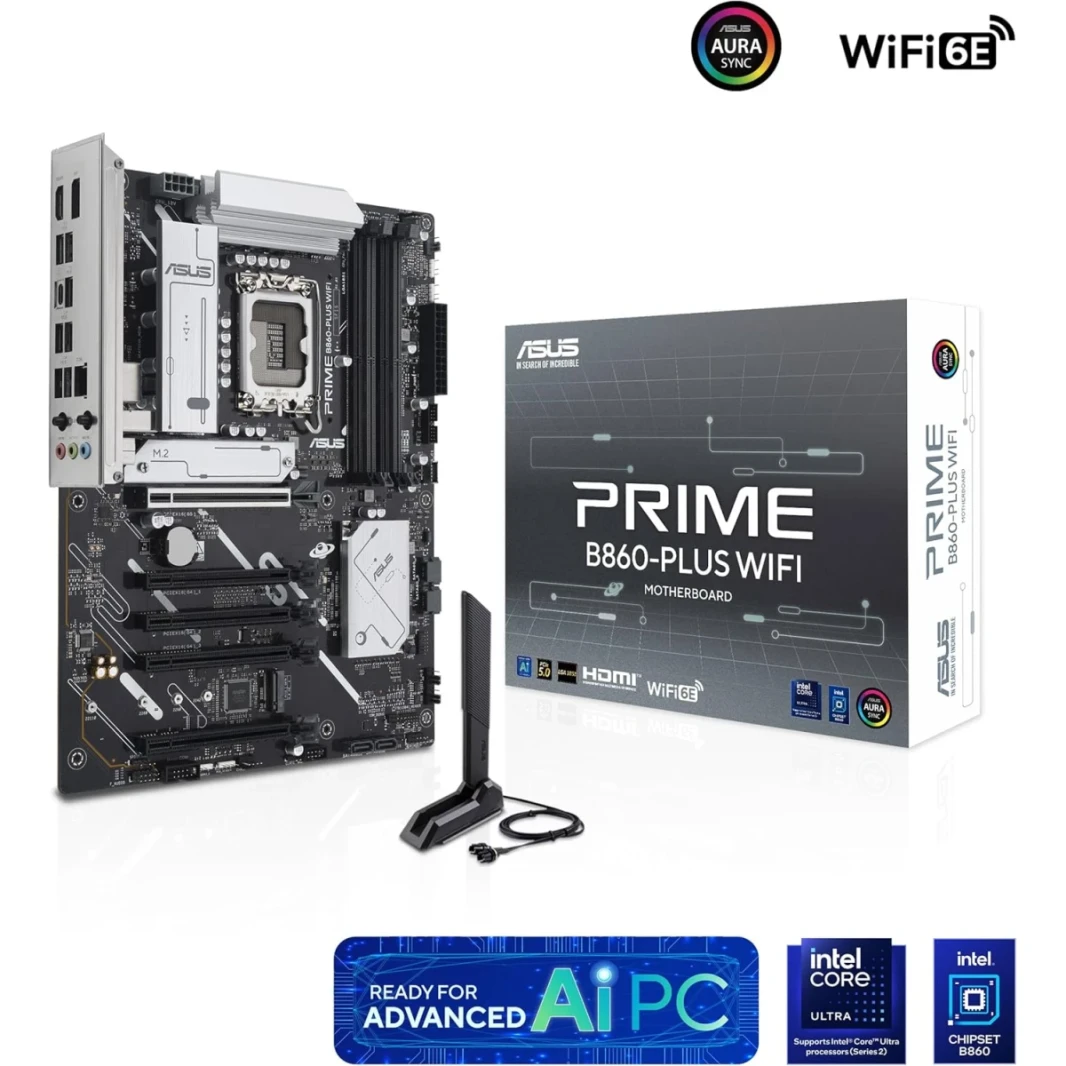 ASUS PRIME B860-PLUS WIFI 6E ATX Intel B860 STELS ، فتحات 4x DIMM DDR5 ، تصل إلى 256 جيجا بايت كحد أقصى ، فتحات 5X PCIE X16 ، فتحات 2x M.2 ، WIFI & BT