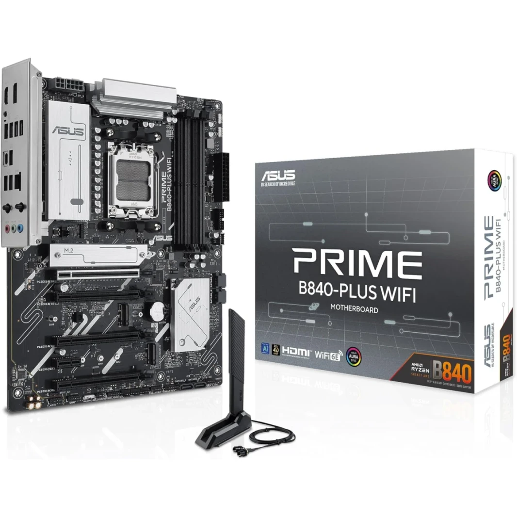 Asus Prime B840-Plus Wi-Fi 6e AM5 ATX AMD AMD B840 ، فتحات 4X DID DDR5 ، تصل إلى 192 جيجا بايت كحد أقصى ، 1 X PCIe 4.0 X16 SafeSlot Core+، 3 X M.2 فتحات ، Wifi & Bt Connectivity