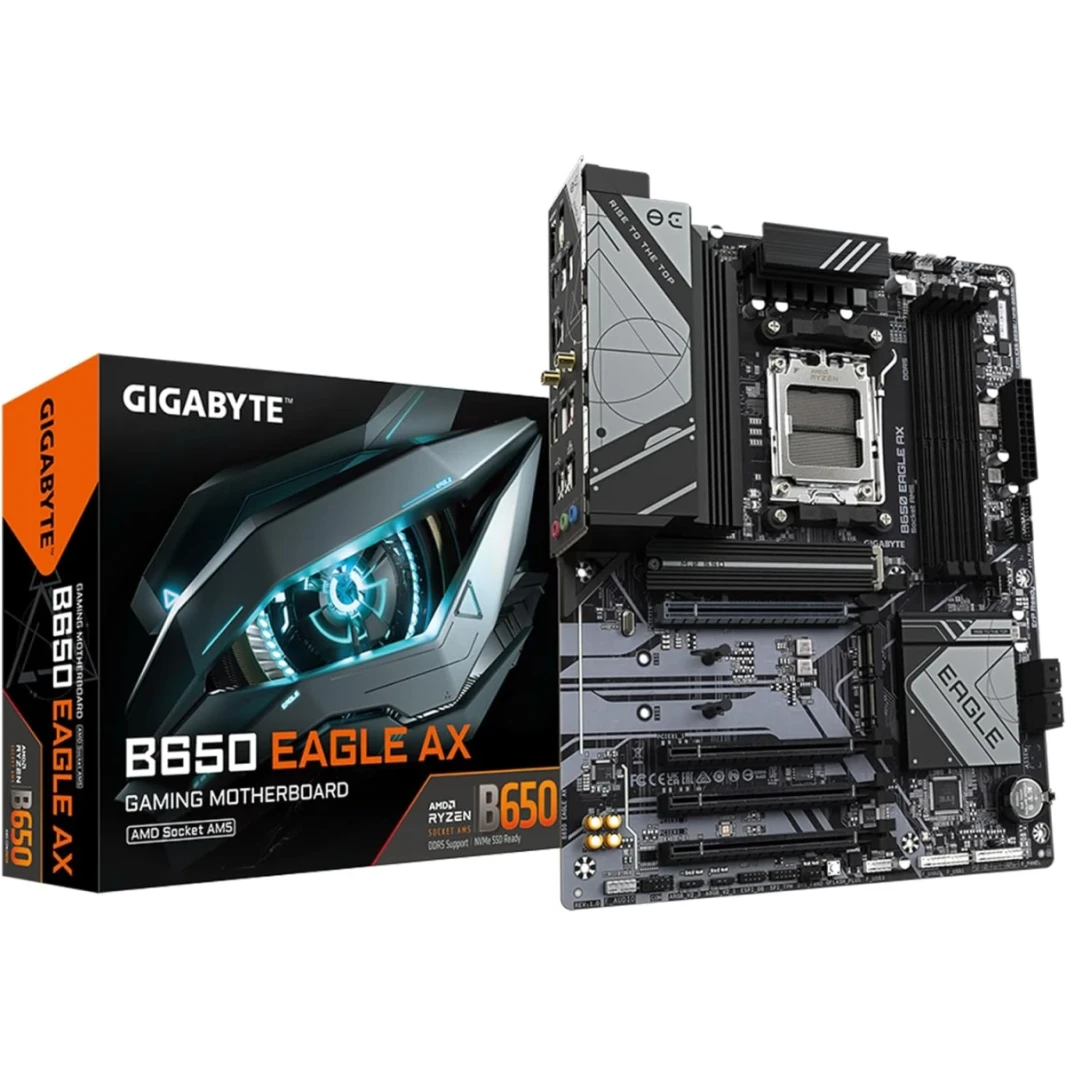 Gigabyte B650 Eagle AX AMD ATX AMD B650 شرائح ، فتحة 4x DDR5 DIMM ، ذاكرة أقصى 256 جيجابايت ، 3x M.2 فتحات ، 1x PCIe 4.0 X16 ، اتصال شبكة Wi-Fi 6E ، الأسود