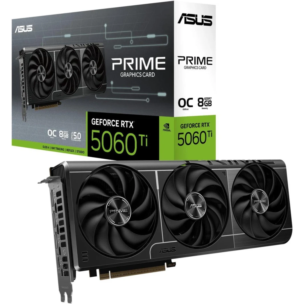 ASUS PRIME GEFORCE RTX 5060 TI 8GB GDDR7 128-BIT MEMORY ، 2572 MHz على مدار الساعة ، وسرعة الذاكرة 28 جيجابت في الثانية ، 4608 CUDA CORES