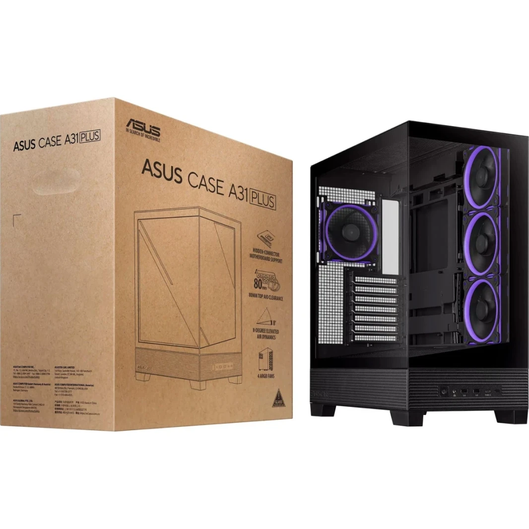 ASUS A31 Plus TG ARGB ATX 4X FORNIDES ARGB ، اللوحة الأمامية الزجاجية ، متوافقة مع اللوحات الأم للمنافذ المخفية ، مشعات 360 مم ، رسومات 380 مم ، أسود