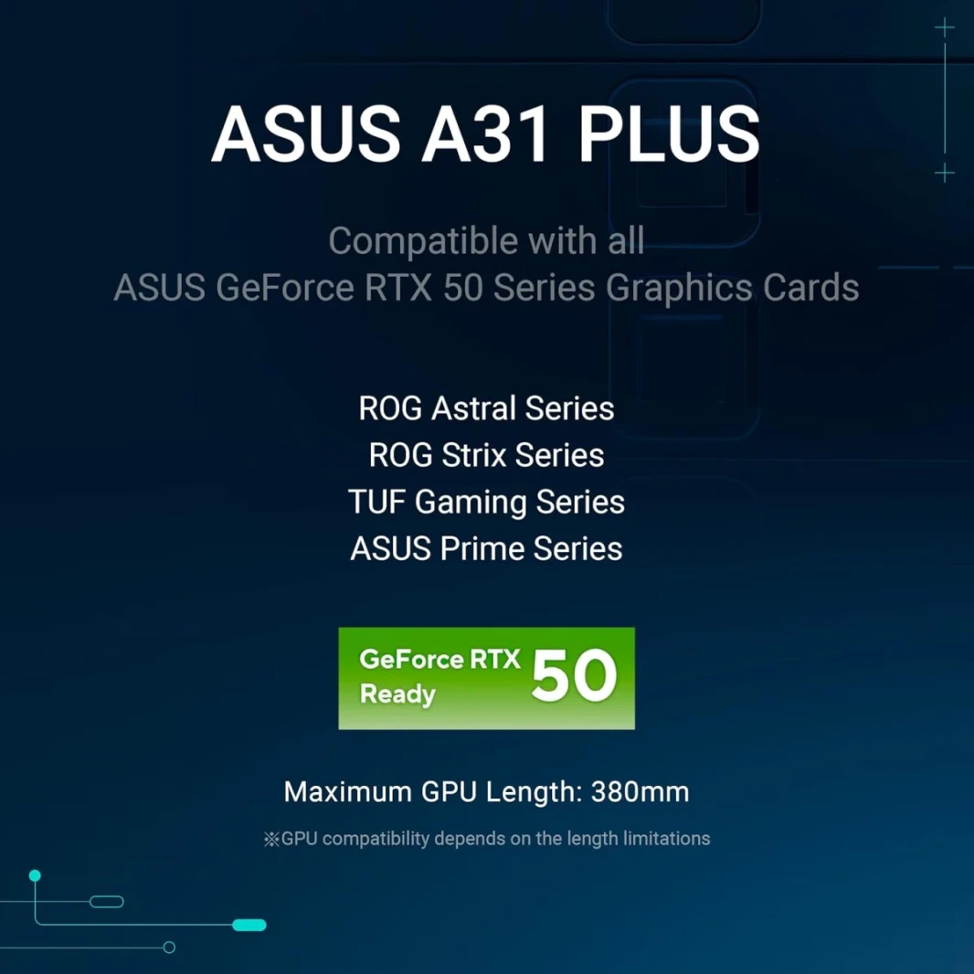 ASUS A31 Plus TG ARGB ATX 4X FORNIDES ARGB ، اللوحة الأمامية الزجاجية ، متوافقة مع اللوحات الأم للمنافذ المخفية ، مشعات 360 مم ، رسومات 380 مم ، أسود