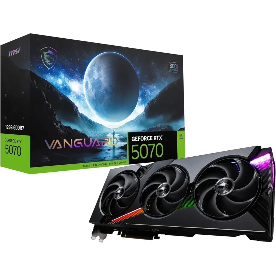 MSI GeForce RTX 5070 Vanguard SOC 12GB GDDR7 192 بت ، 2640 MHz ساعات ، 6144 CUDA CORES ، 28 GBPS MEMMY SPEED ، PCI Express Gen 5