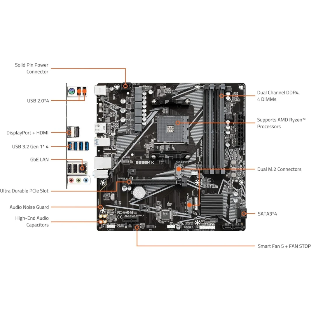 GIGABYTE B550M-K AM4 AMD B550 Micro-ATX Motherboard with Dual M.2, SATA 6Gb/s, USB 3.2 Gen 1, Realtek GbE LAN, PCIe 4.0