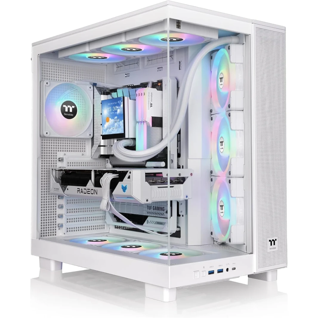 عرض Thermaltake View 380 XL TG ARGB Mid Tower PC ، 4x 120 مم ARGB Lite المُثبت مسبقًا ، حتى 360 مم الرادياتير ودعم المروحة 10x ، USB Type-C X1 ، USB 3.0 X2 ، HD Audio ، White