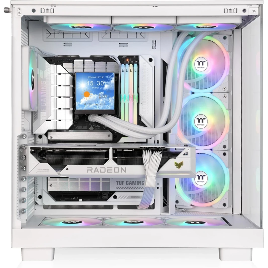 عرض Thermaltake View 380 XL TG ARGB Mid Tower PC ، 4x 120 مم ARGB Lite المُثبت مسبقًا ، حتى 360 مم الرادياتير ودعم المروحة 10x ، USB Type-C X1 ، USB 3.0 X2 ، HD Audio ، White