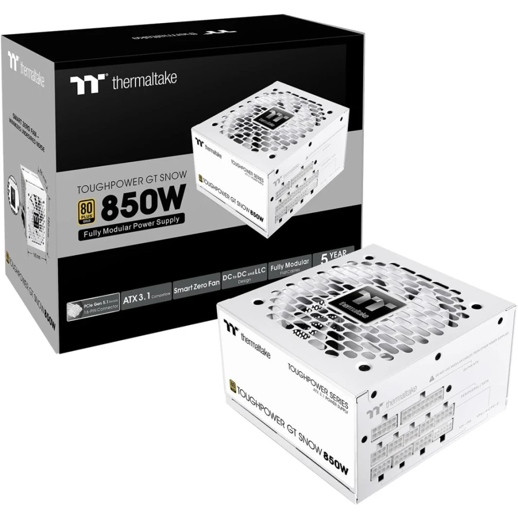 Thermaltake ToughPower GT 850W ATX 3.1 80 Plus Gold Gold Modular Smart Zero Fan ؛ موصل 450W PCIE 5.1 ​​الأصلي ، أبيض
