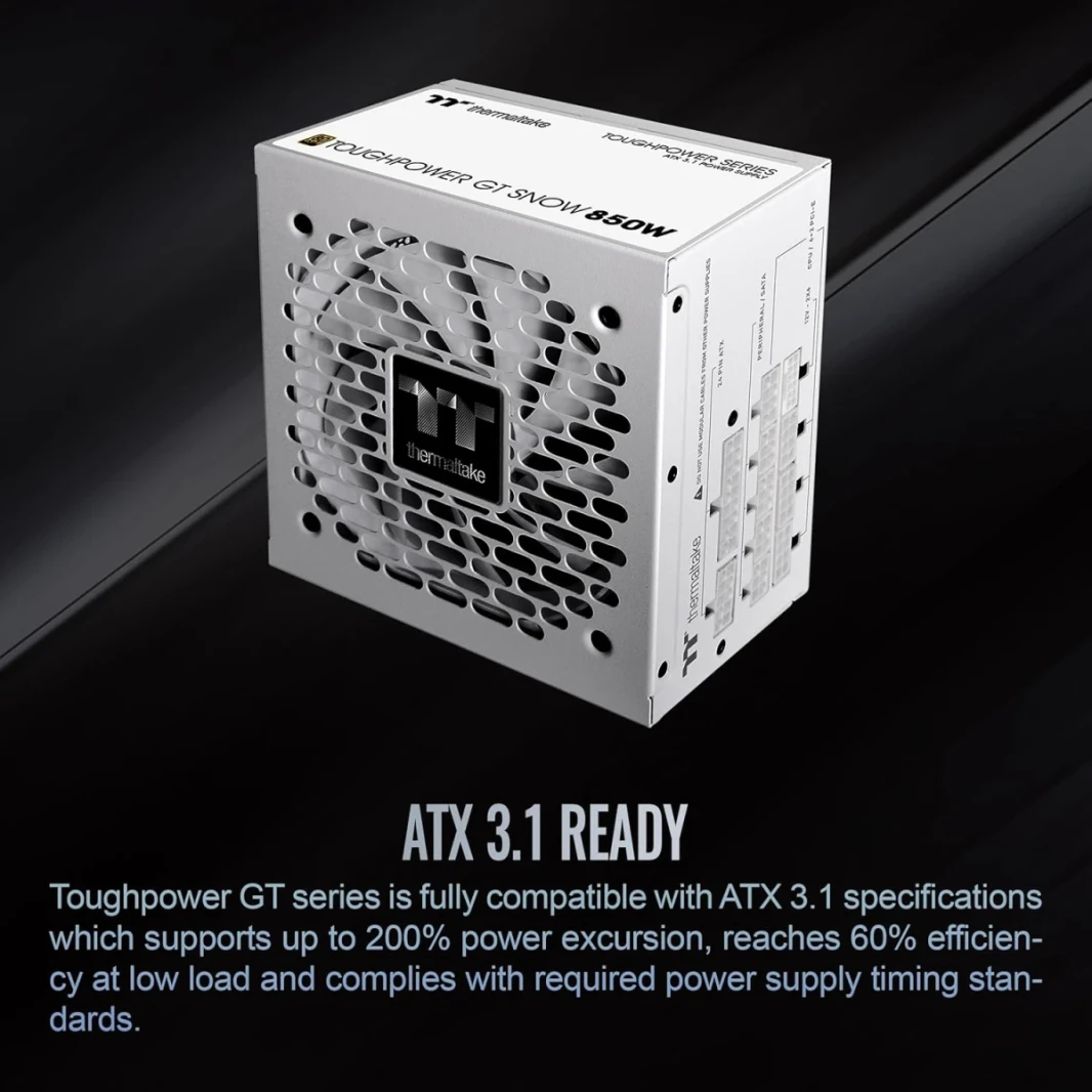 Thermaltake ToughPower GT 850W ATX 3.1 80 Plus Gold Gold Modular Smart Zero Fan ؛ موصل 450W PCIE 5.1 ​​الأصلي ، أبيض