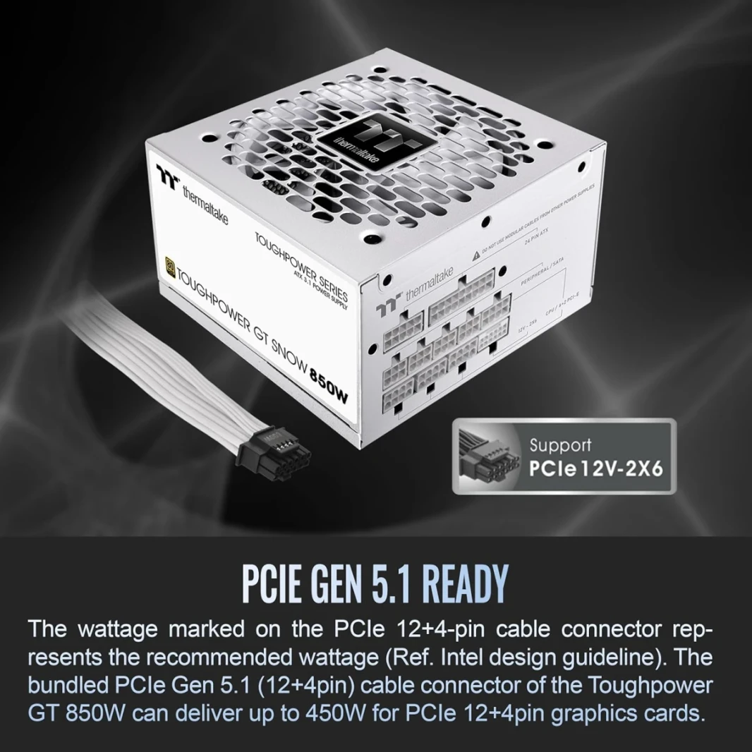 Thermaltake ToughPower GT 850W ATX 3.1 80 Plus Gold Gold Modular Smart Zero Fan ؛ موصل 450W PCIE 5.1 ​​الأصلي ، أبيض