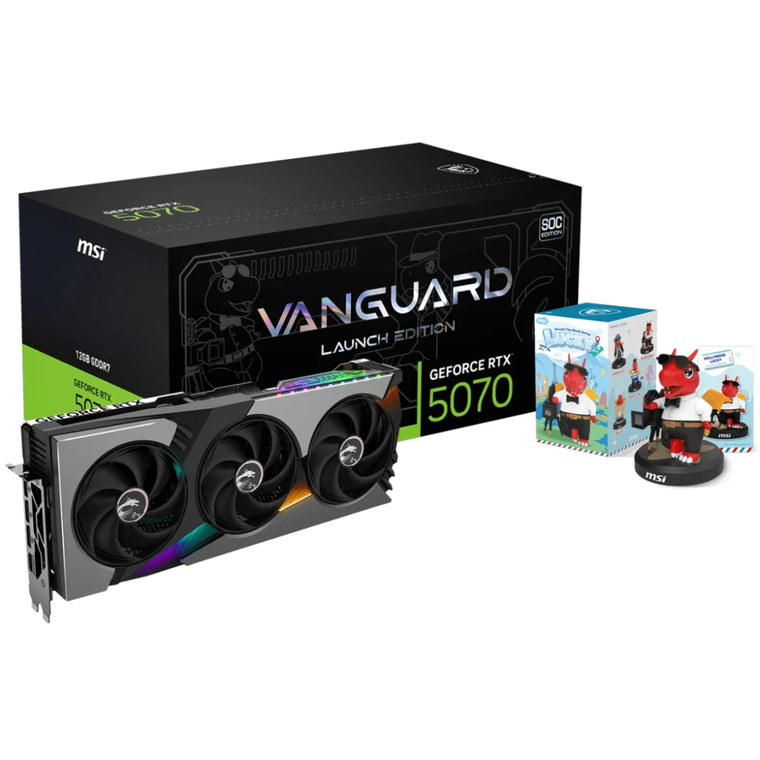 MSI GeForce RTX 5070 Vanguard SOC SOC Launch Edition Card ، 12GB GDDR7 192-BIT MEMORY ، 2640 MHz Boost ، 6144 CUDA CORES ، 28 GBPS MEMMY ، PCI Express Gen 5