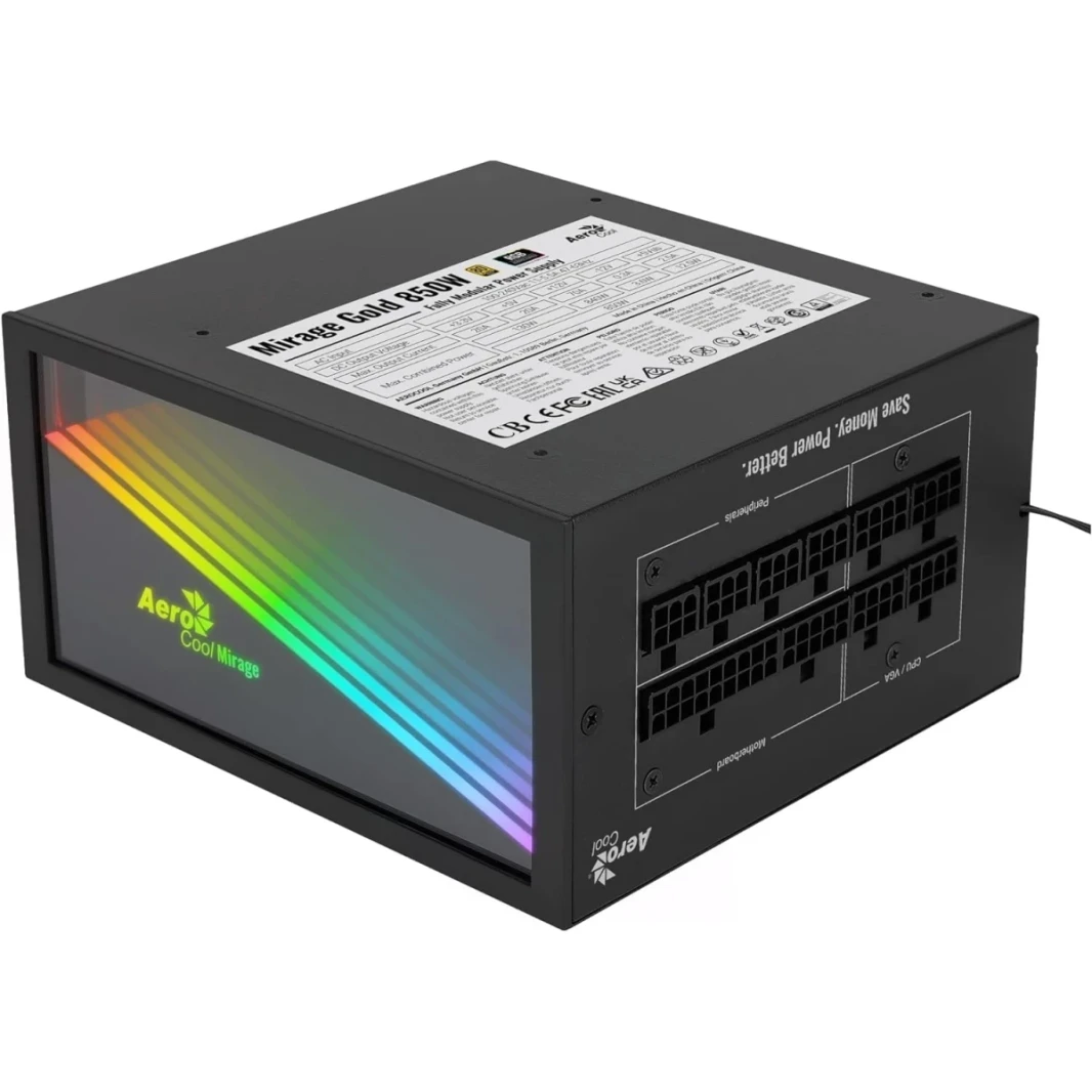 Aerocool Mirage 850W 80+ Gold Full Modular Linfinity Mirror RGB Lighting ، 120 مم من المكثفات اليابانية لضغط هرمون النمو ، الأسود