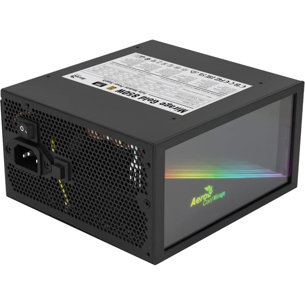 Aerocool Mirage 850W 80+ Gold Full Modular Linfinity Mirror RGB Lighting ، 120 مم من المكثفات اليابانية لضغط هرمون النمو ، الأسود