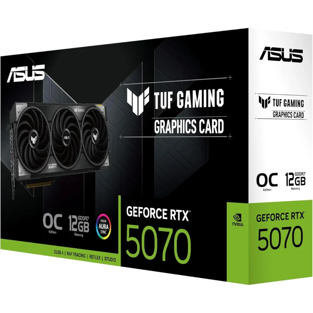 ASUS TUF Gaming Geforce RTX ™ 5070 12GB GDDR7 OC EDITION بطاقة رسومات ألعاب (PCIE® 5.0 ، HDMI®/DP 2.1 ، 3.125 ، مكونات من الدرجة العسكرية ، طلاء PCB الحماية ، محواة التكنولوجيا الفائقة)