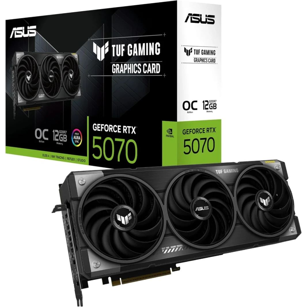ASUS TUF Gaming Geforce RTX ™ 5070 12GB GDDR7 OC EDITION بطاقة رسومات ألعاب (PCIE® 5.0 ، HDMI®/DP 2.1 ، 3.125 ، مكونات من الدرجة العسكرية ، طلاء PCB الحماية ، محواة التكنولوجيا الفائقة)