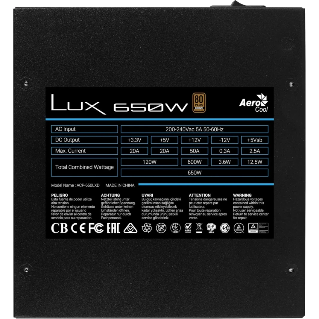 Aerocool Lux RGB 650W 80 Plus Bronze تصل إلى 88 ٪+ كفاءة 30 ٪ التهوية زيادة ، مروحة سوداء صامتة 12 سم مع التحكم في السرعة ، أسود