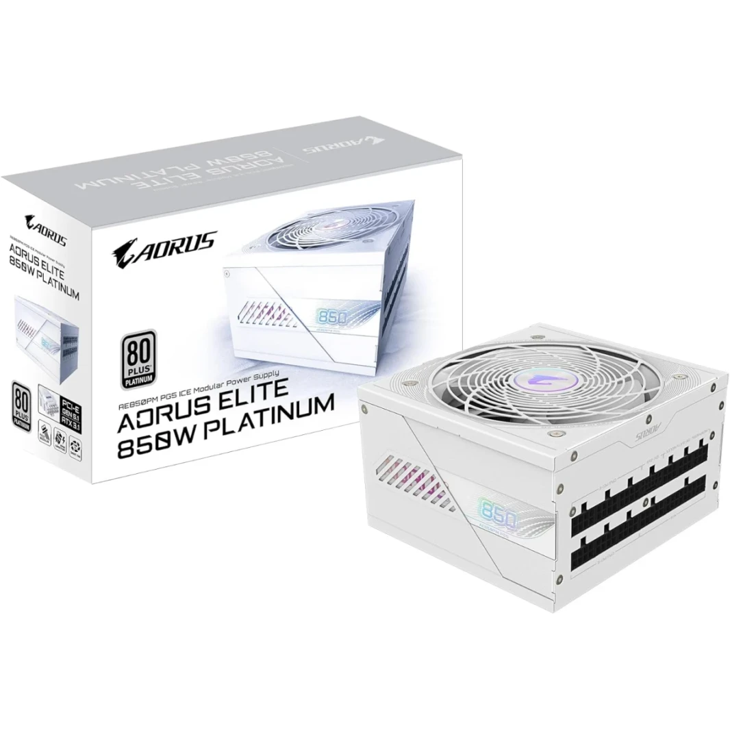 GIGABYTE AORUS ELITE P850W 850W 80+ Platinum Modular PCIe 5.0 Power Supply, Intel Form Factor ATX 12V v3.0, 850W Capacity, 120mm FDB Fan, 60-50 Hz Input Frequency, Ice