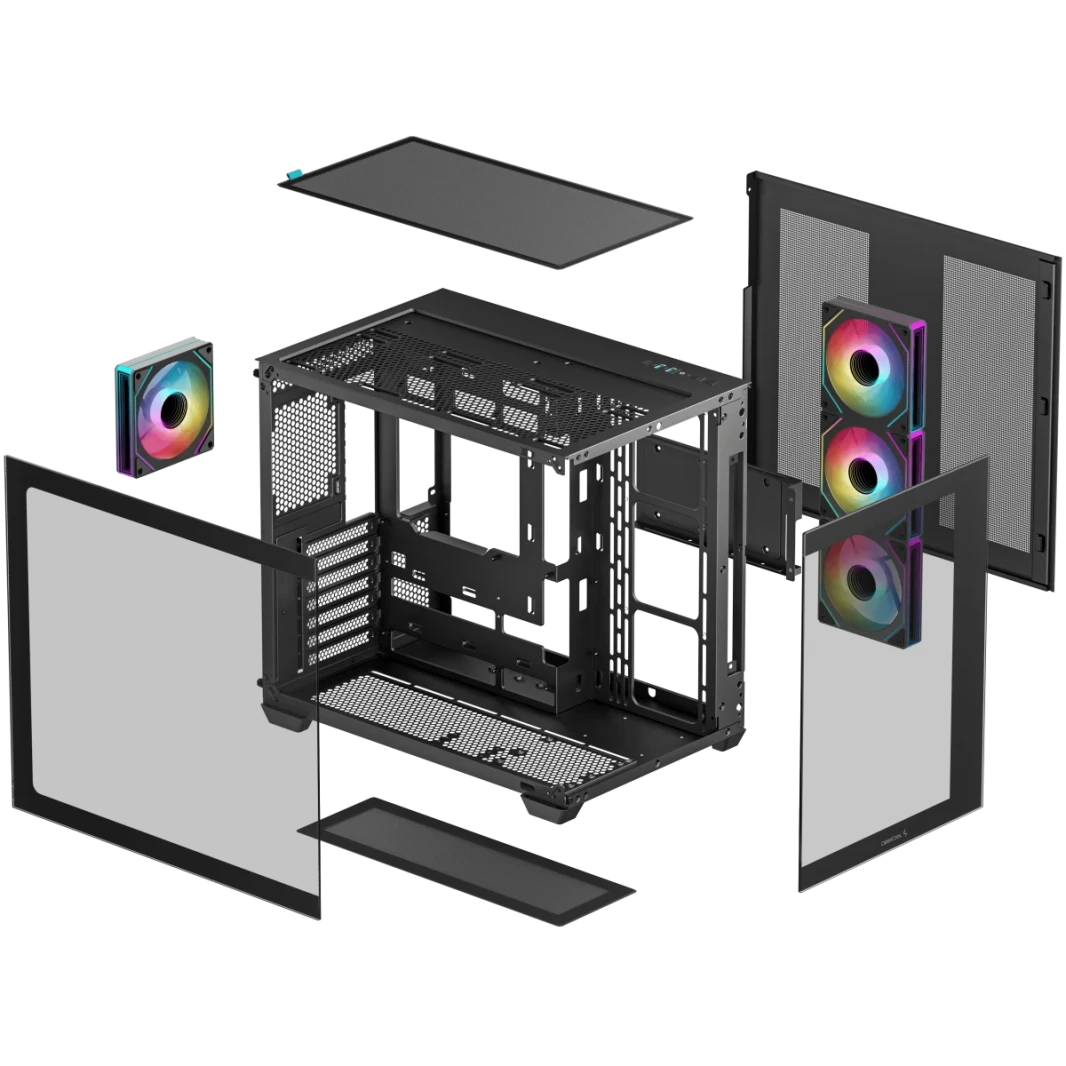 DeepCool CG530 4F Panoramic ATX Mid-Fower Case 4X تم تثبيت المراوح المزدوجة مسبقًا ، ودعم الموصلات الخلفية وما يصل إلى 2x 360 مم +280 مم ، و 2X USB3.0 الأمامي ، الأسود ، الأسود