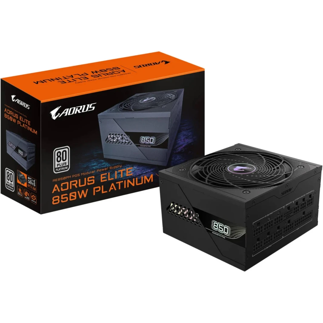 GIGABYTE AORUS ELITE P850W 850W 80+ Platinum Modular PCIe 5.0 Power Supply, Intel Form Factor ATX 12V v3.0, 850W Capacity, 120mm FDB Fan, 60-50 Hz Input Frequency, Black