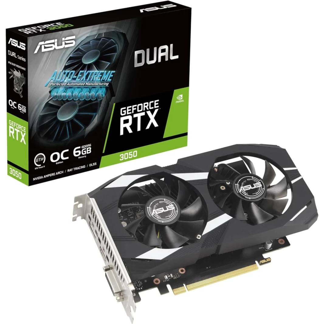 ASUS Dual Geforce RTX 3050 6GB GDDR6 OC EDITION EXIAL-TECH FAN DESIGN 0DB تقنية الصلب