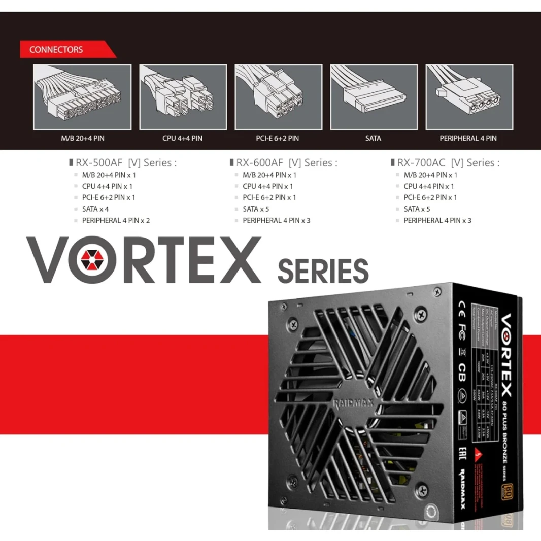 Raidmax Vortex 700w 80+ Bronze ATX Continuous Power with 120mm Quiet Fan Active PFC Power Supply , Black