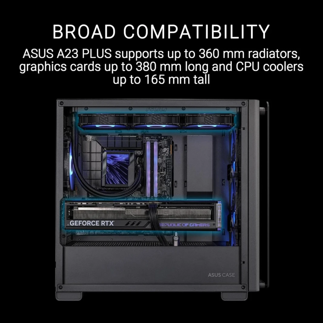 ASUS A23 Plus Computer Case, 4x Pre-Installed aRGB Fans, Up to 360mm Radiator & 7x 120mm Fan Support, 380mm Graphics Card Compatible, Front Panel USB Type-C I/O, Black