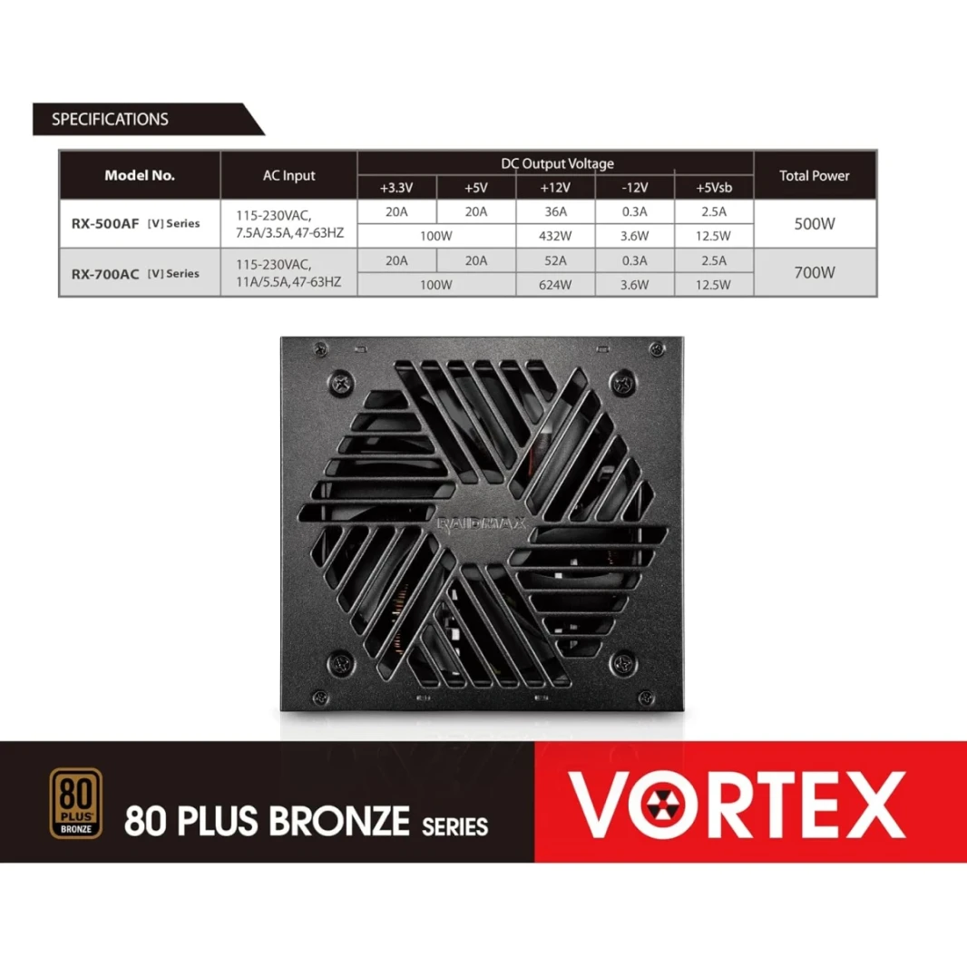 Raidmax Vortex 700w 80+ Bronze ATX Continuous Power with 120mm Quiet Fan Active PFC Power Supply , Black