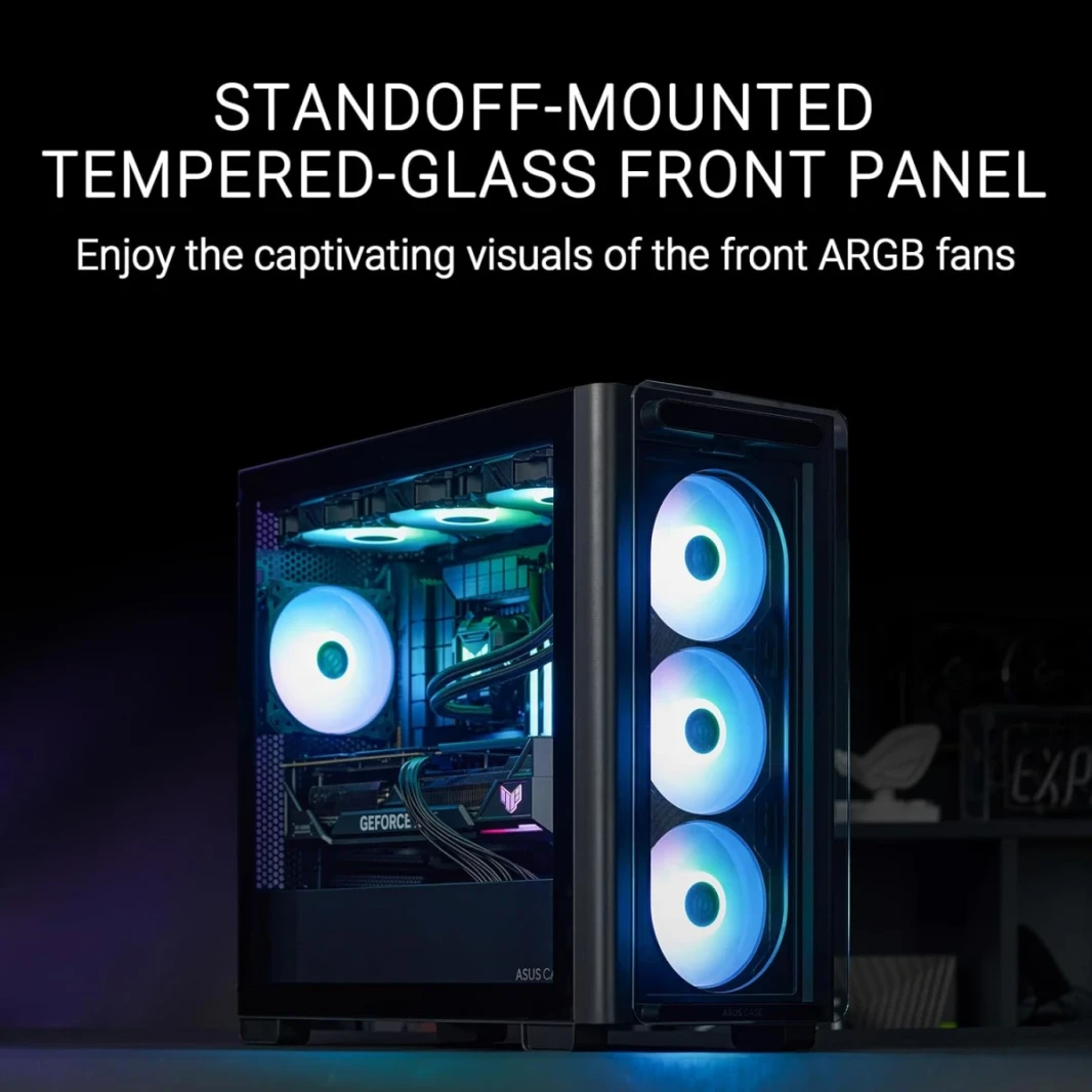 ASUS A23 Plus Computer Case, 4x Pre-Installed aRGB Fans, Up to 360mm Radiator & 7x 120mm Fan Support, 380mm Graphics Card Compatible, Front Panel USB Type-C I/O, Black