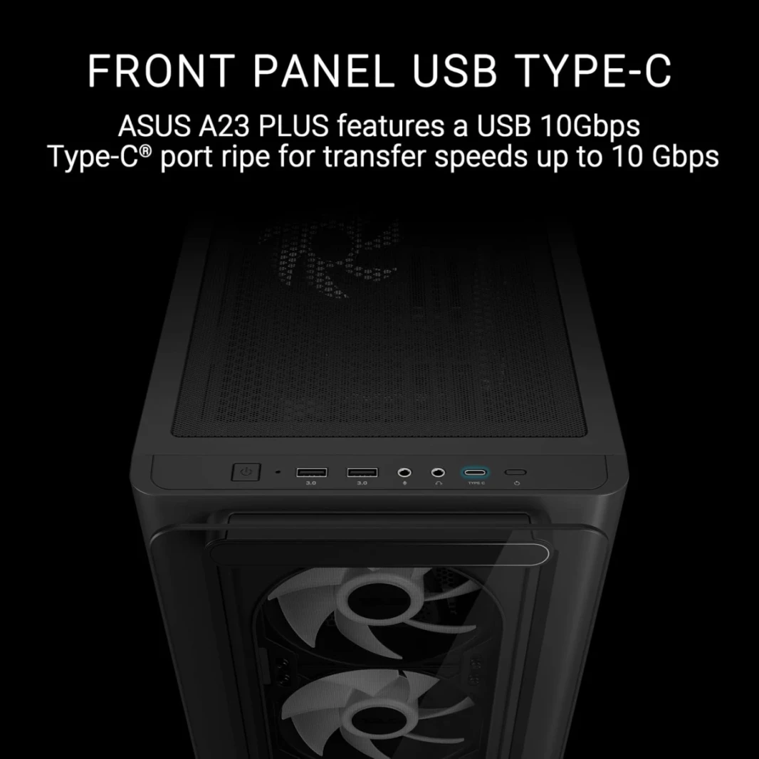ASUS A23 Plus Computer Case, 4x Pre-Installed aRGB Fans, Up to 360mm Radiator & 7x 120mm Fan Support, 380mm Graphics Card Compatible, Front Panel USB Type-C I/O, Black