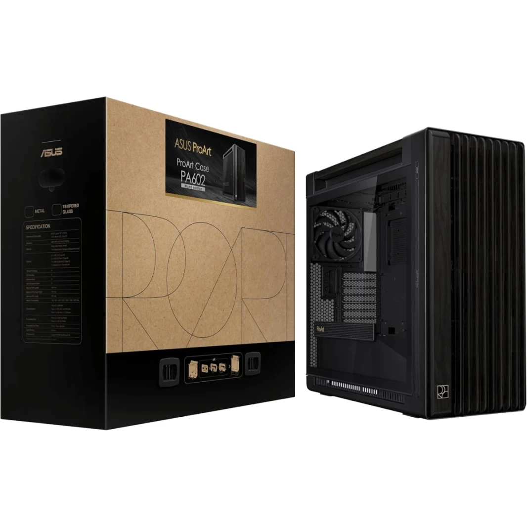ASUS PROART PA602 WOOD EDITION E-ATX CASE 420MM دعم الرادياتير مزدوج 200 ملم من اللوحة الأمامية مؤشر الغبار IR مؤشر قفل الطاقة-حامل PCIe بدون تركيب و GPU.