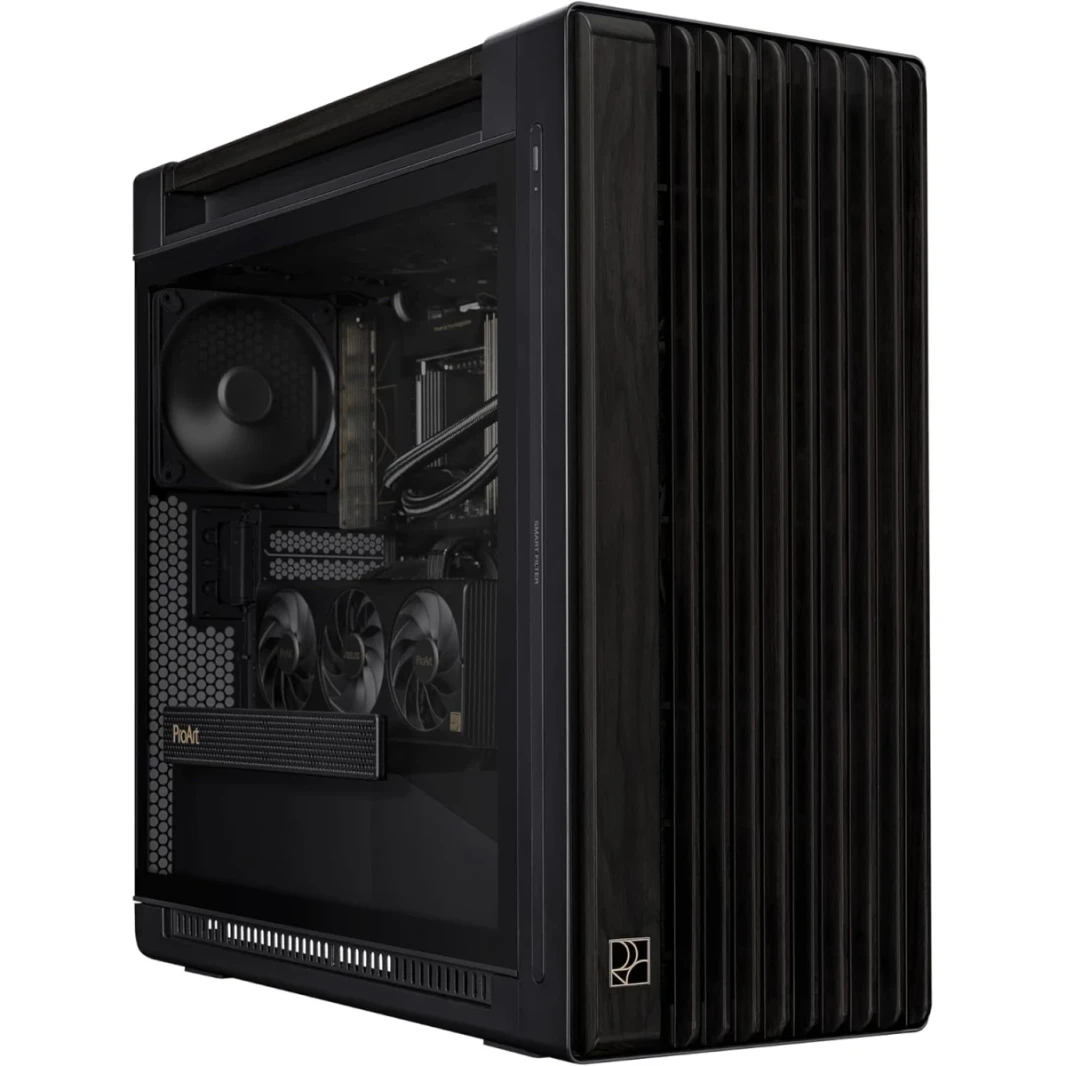 ASUS PROART PA602 WOOD EDITION E-ATX CASE 420MM دعم الرادياتير مزدوج 200 ملم من اللوحة الأمامية مؤشر الغبار IR مؤشر قفل الطاقة-حامل PCIe بدون تركيب و GPU.