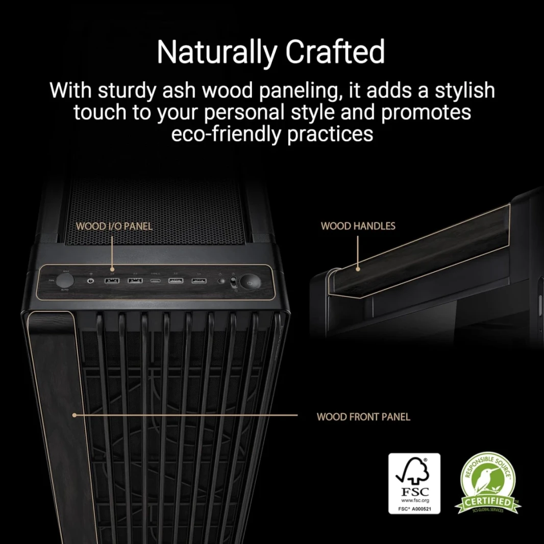 ASUS PROART PA602 WOOD EDITION E-ATX CASE 420MM دعم الرادياتير مزدوج 200 ملم من اللوحة الأمامية مؤشر الغبار IR مؤشر قفل الطاقة-حامل PCIe بدون تركيب و GPU.