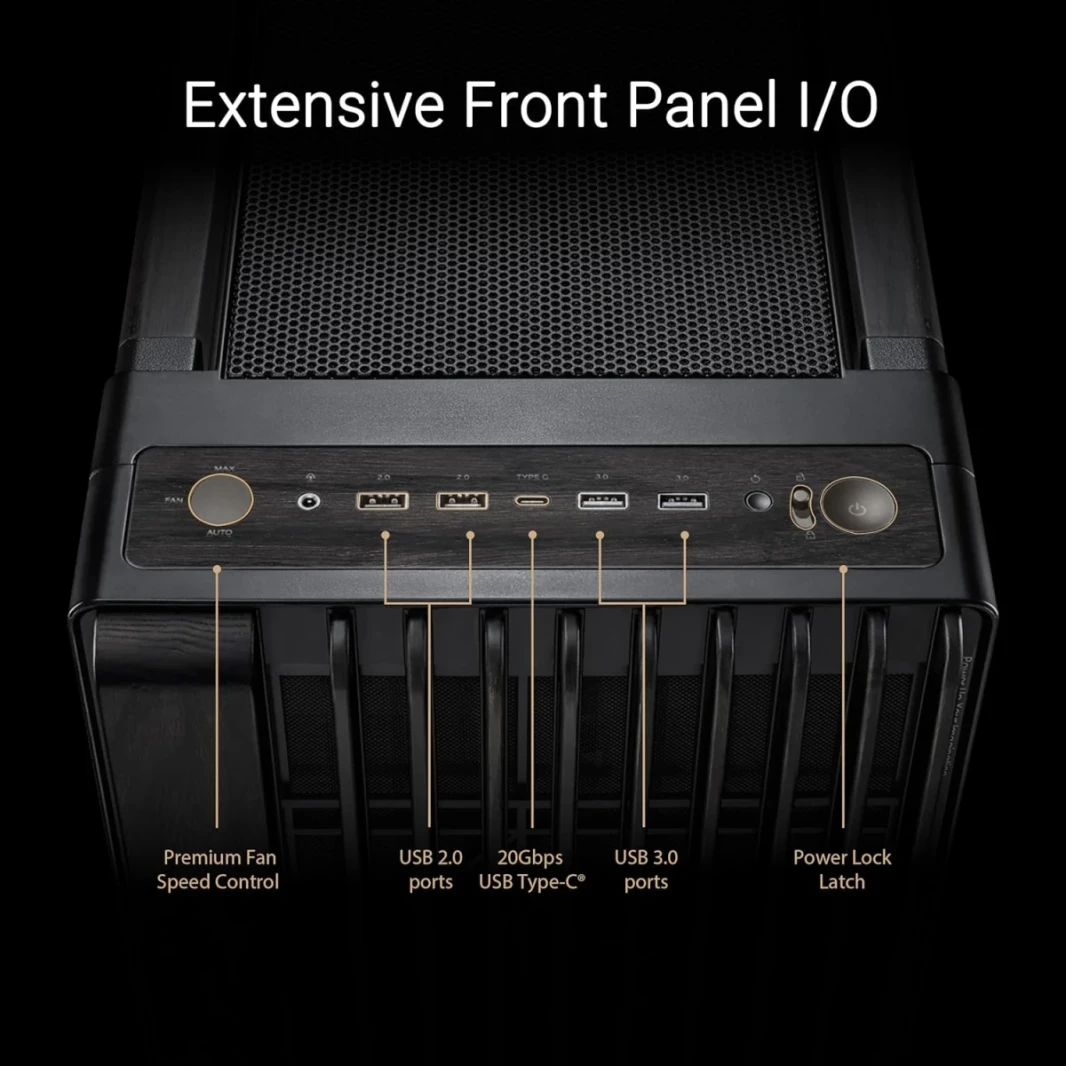 ASUS PROART PA602 WOOD EDITION E-ATX CASE 420MM دعم الرادياتير مزدوج 200 ملم من اللوحة الأمامية مؤشر الغبار IR مؤشر قفل الطاقة-حامل PCIe بدون تركيب و GPU.