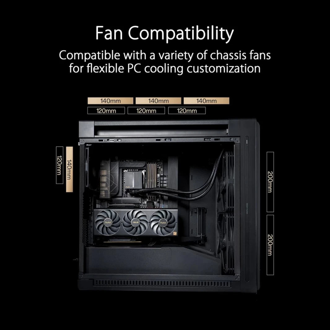 ASUS PROART PA602 WOOD EDITION E-ATX CASE 420MM دعم الرادياتير مزدوج 200 ملم من اللوحة الأمامية مؤشر الغبار IR مؤشر قفل الطاقة-حامل PCIe بدون تركيب و GPU.