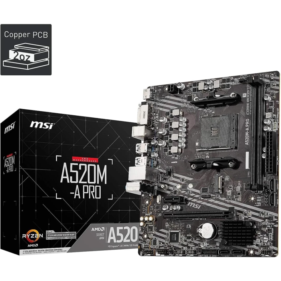 MSI A520M-A PRO Gaming AMD A520 (Ryzen AM4) Micro ATX Motherboard with M.2 Slot USB 3.2 Gen 2 Type-A
