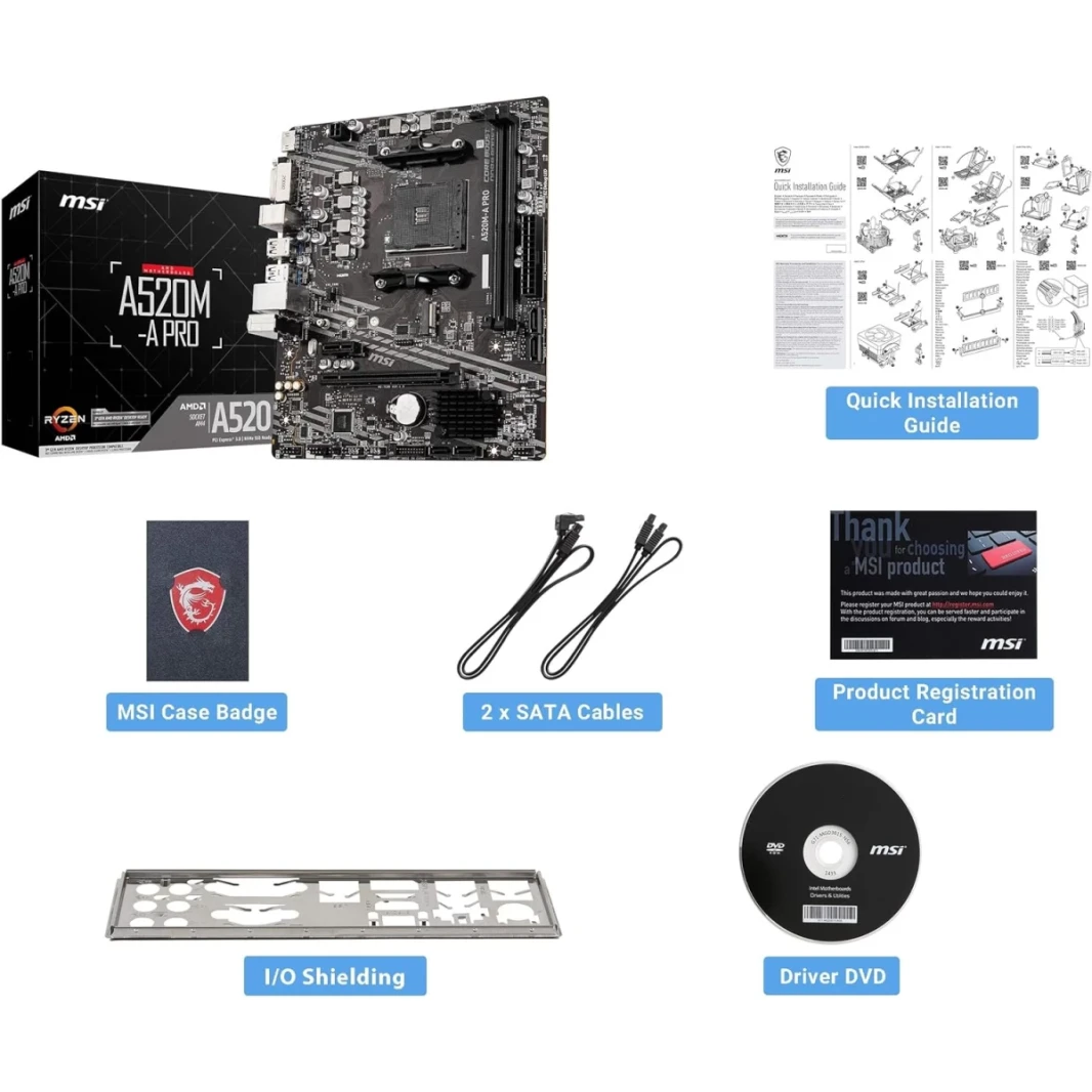 MSI A520M-A PRO Gaming AMD A520 (Ryzen AM4) Micro ATX Motherboard with M.2 Slot USB 3.2 Gen 2 Type-A