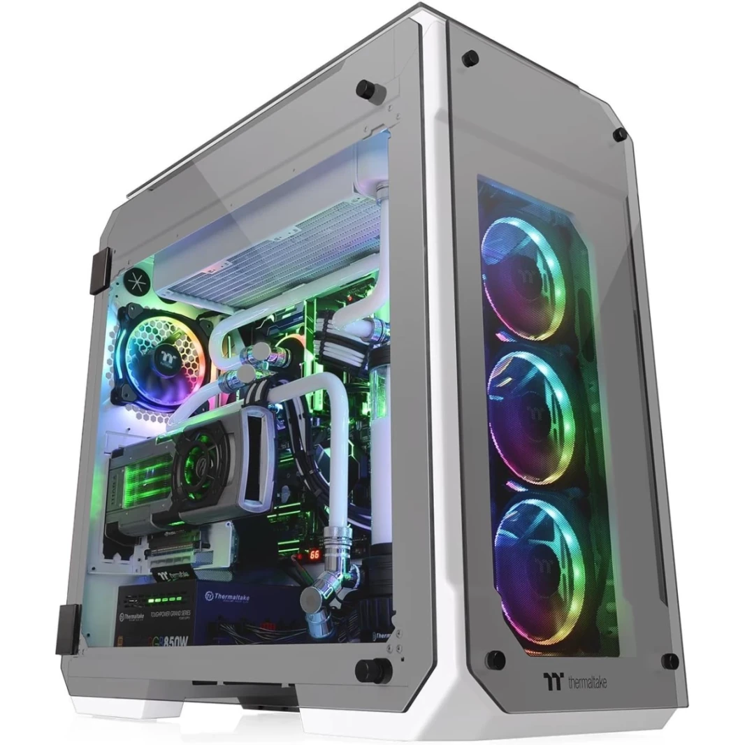 منظر Thermaltake 71 من 4 جوانب من الزجاج العمودي GPU Modular Full Tower W/ 2 Blue LED Ring مروحة مثبتة مسبقًا-أبيض