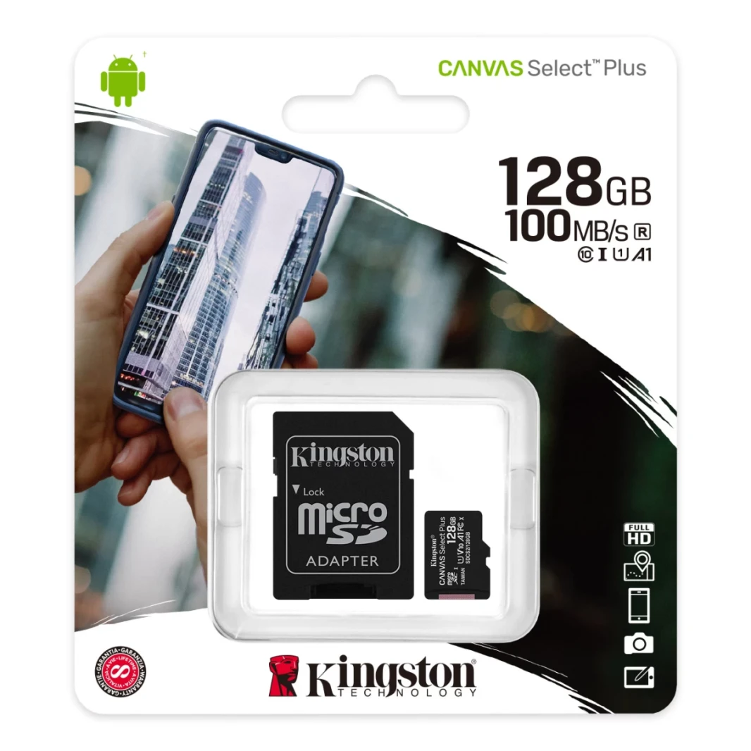 Kingston 128GB Canvas حدد بالإضافة إلى بطاقة microSDXC تصل إلى 100 ميجابايت/ثانية A1 Class 10 UHS-I مع محول