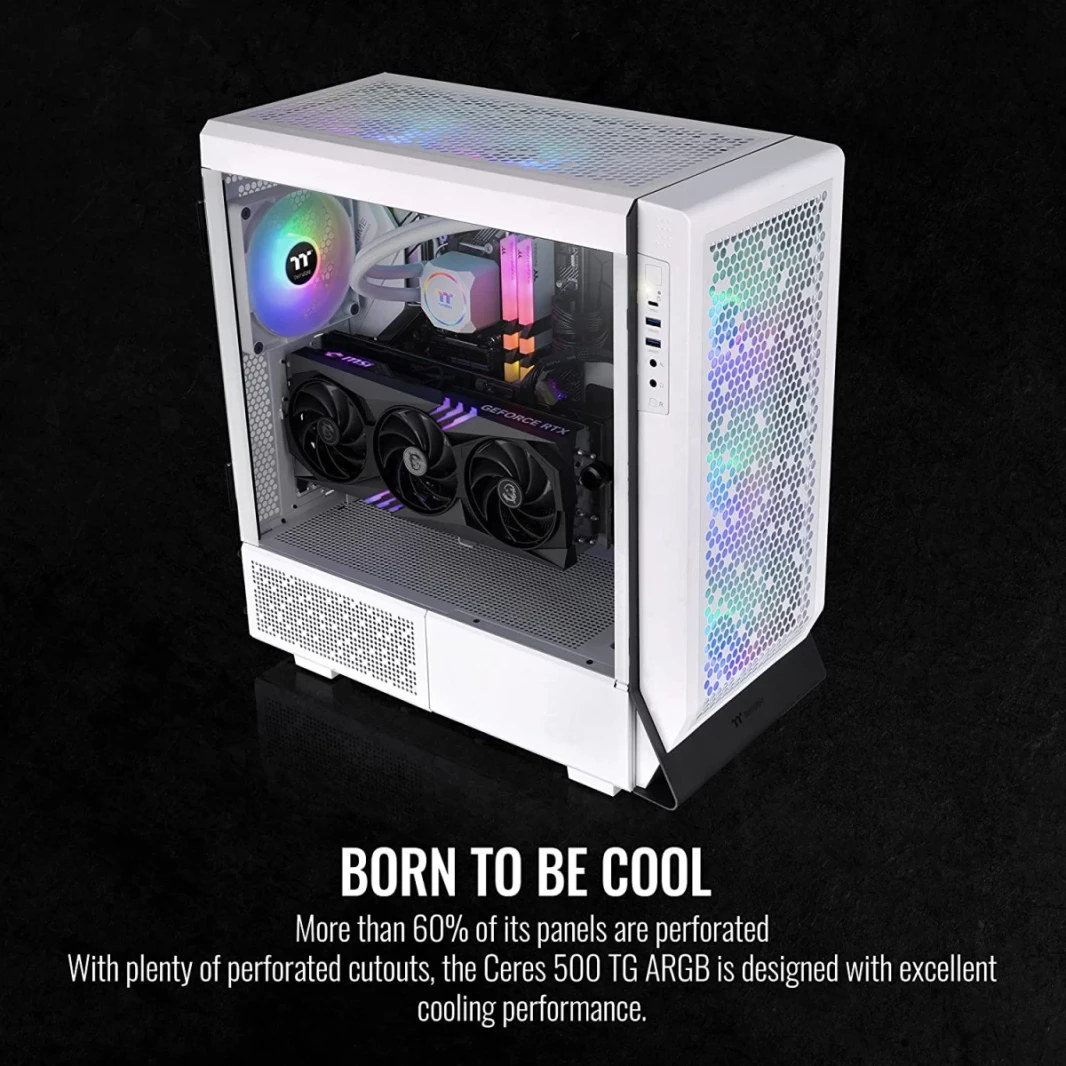 Thermaltake Ceres 500 E -ATX Glass Side Panel 4x PWM Argb Fans Slots PCIe وحامل GPU - أبيض