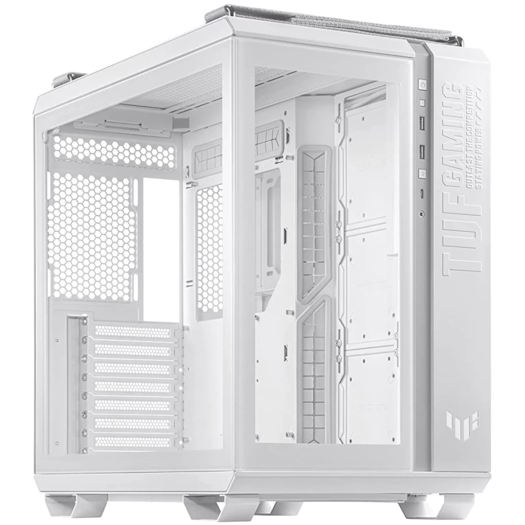 ASUS TUF GT502 MID TOWER DUAL DEACH DESICATION مناطق تبريد مستقلة للوحات الجانبية المعالجة المركزية و GPU الخالية من الأدوات USB 3.2 GEN 2 TYPE-C-أبيض
