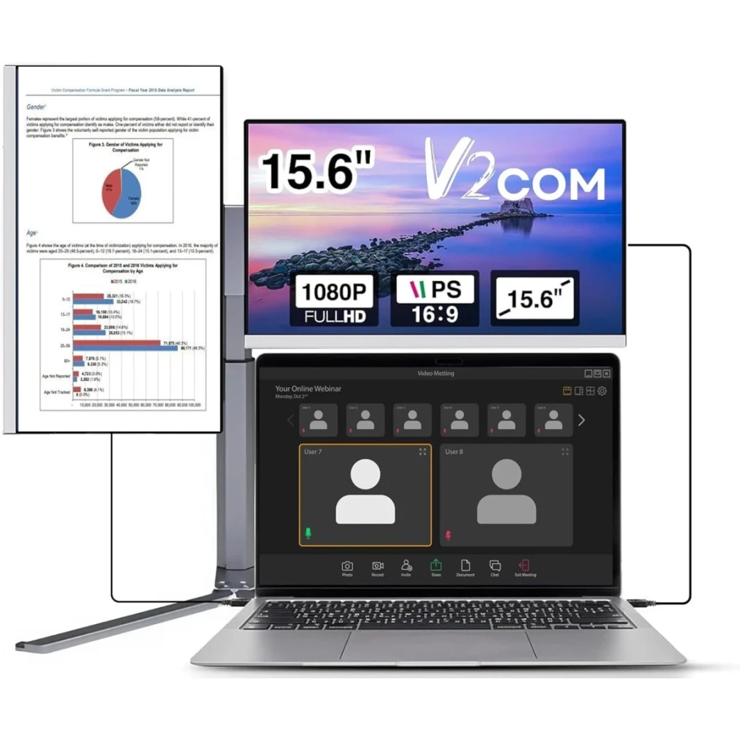 V2COM Z2 15.6 '' شاشة ثلاثية محمولة لأجهزة الكمبيوتر المحمولة ، موسع شاشة الحدود الضيقة الفائقة IPS ، متوافق مع Mac و Windows و Chrom