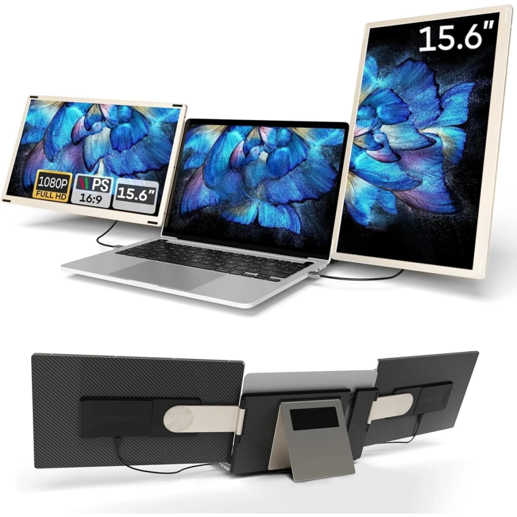 V2COM S6 15.6 "IPS Full HD Triple Screen Screen Extender Portable 360 ​​° Monitor لأجهزة الكمبيوتر المحمولة 13-17.3" مع منفذ HDMI/USB-A/TYPE-C مدمج في مكبرات الصوت